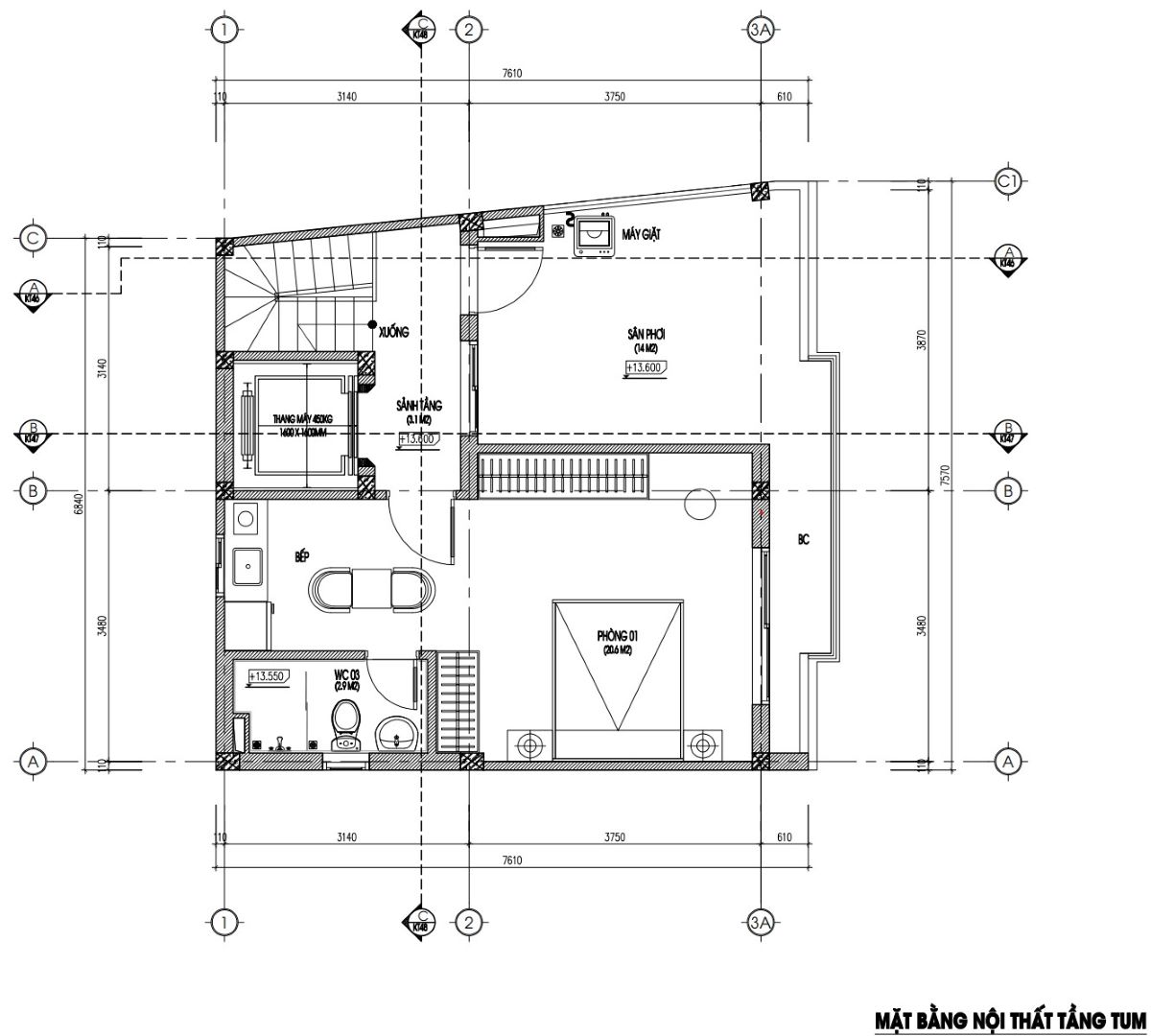 Bản vẽ nhà trọ 53m2 5 tầng có lửng 12