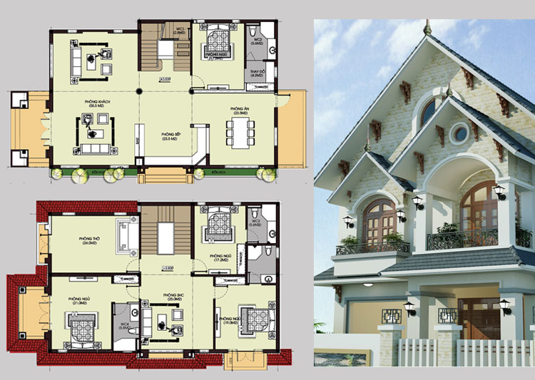 thiết kế biệt thự 2 tầng tân cổ điển