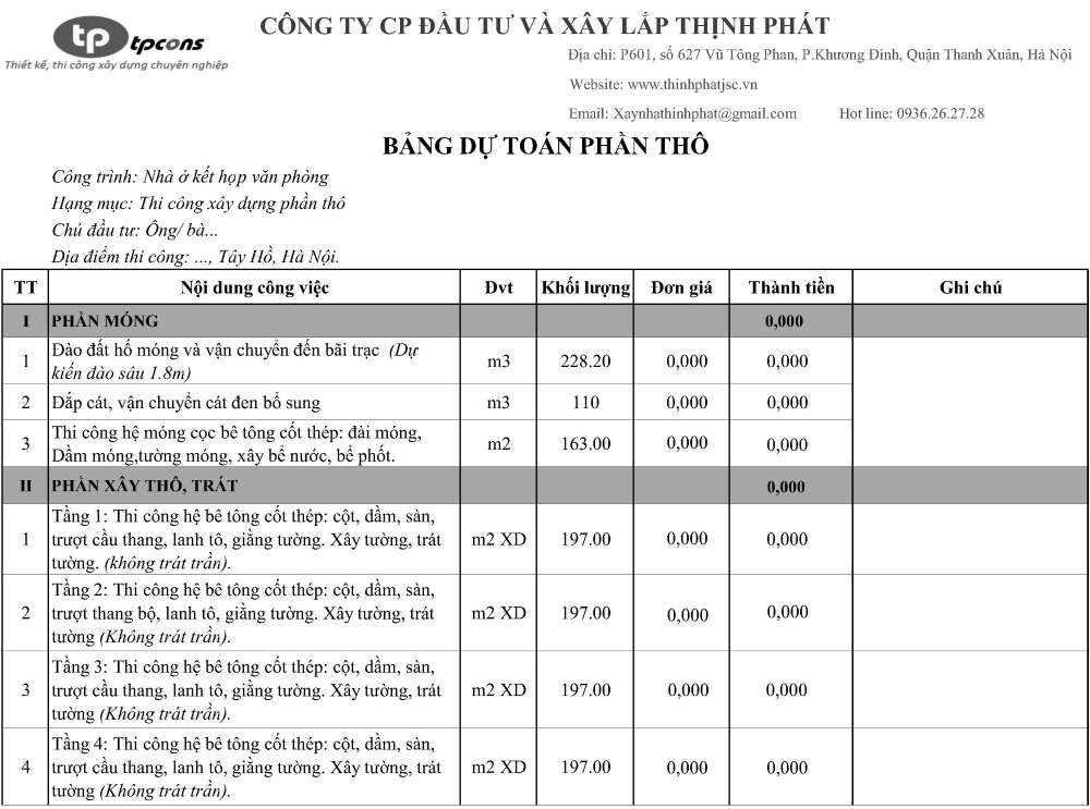 Thịnh Phát dự toán xây nhà trọn gói phần thô 2023 1